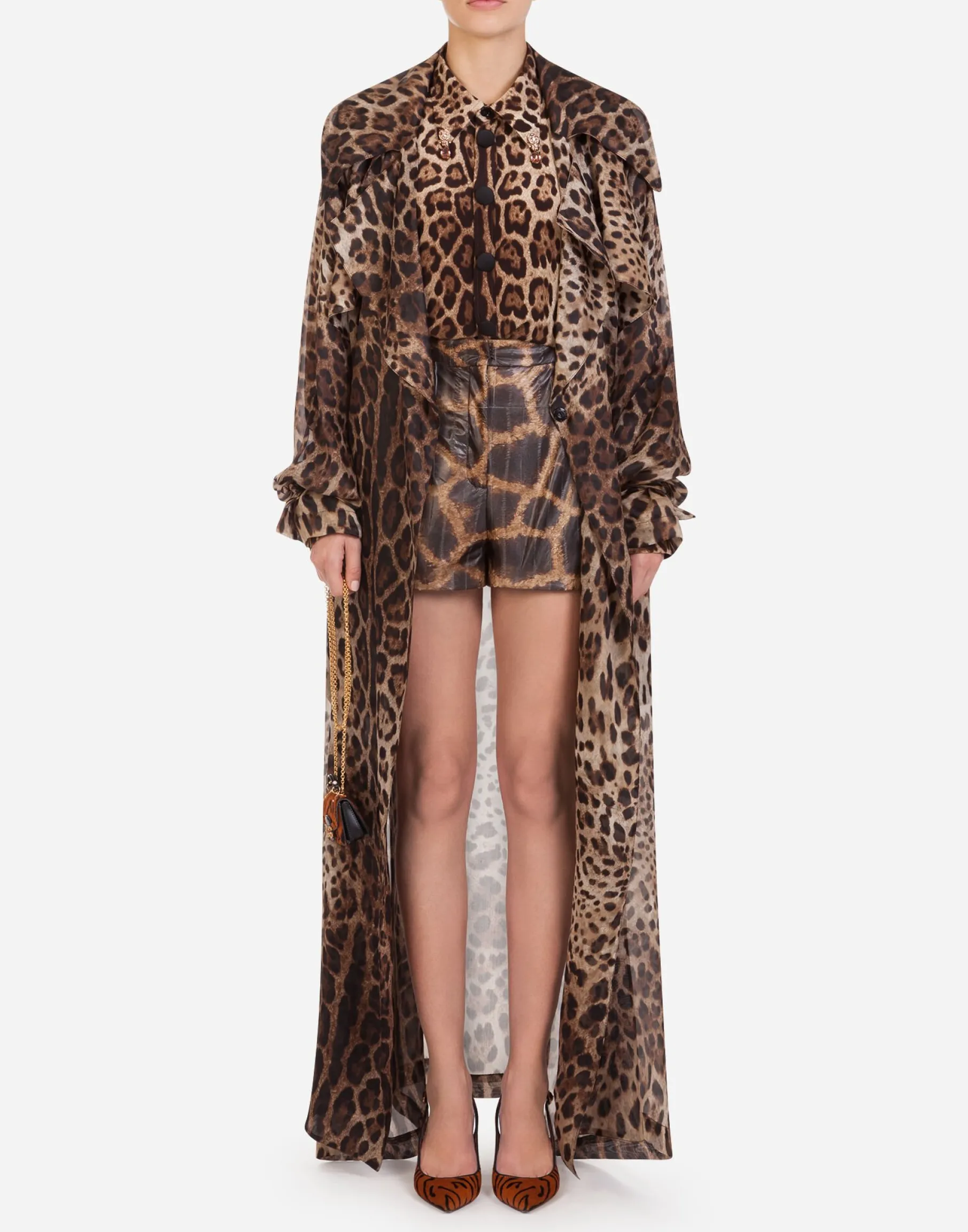Organza trench coat with leopard print