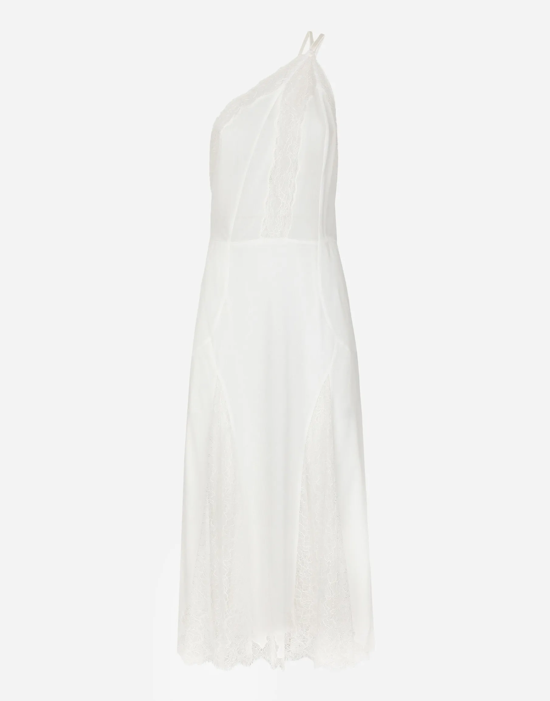Organzine and lace calf-length dress with asymmetrical neckline