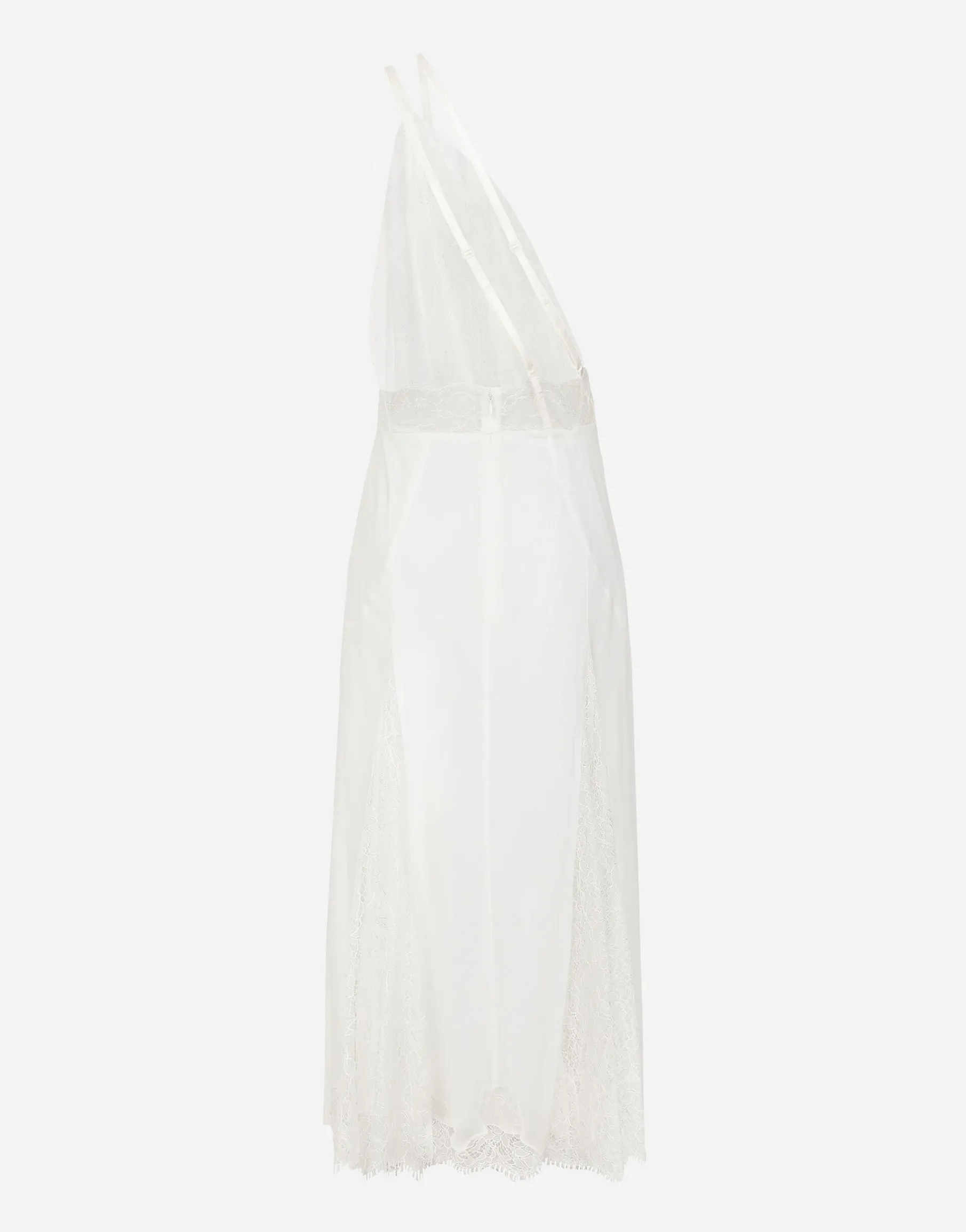 Organzine and lace calf-length dress with asymmetrical neckline