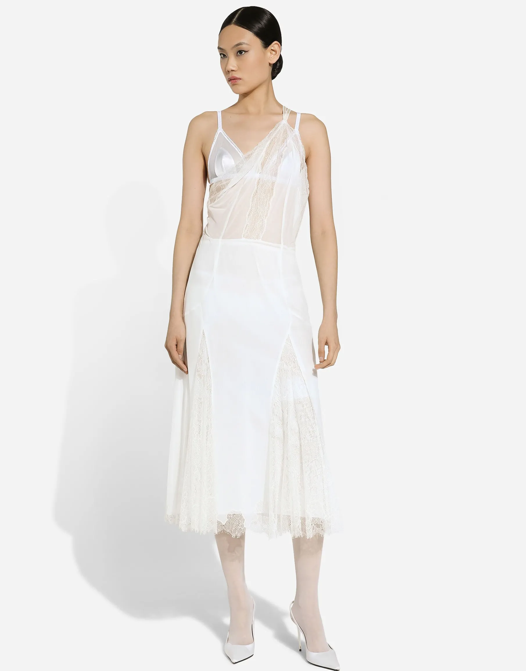 Organzine and lace calf-length dress with asymmetrical neckline