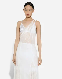 Organzine and lace calf-length dress with asymmetrical neckline