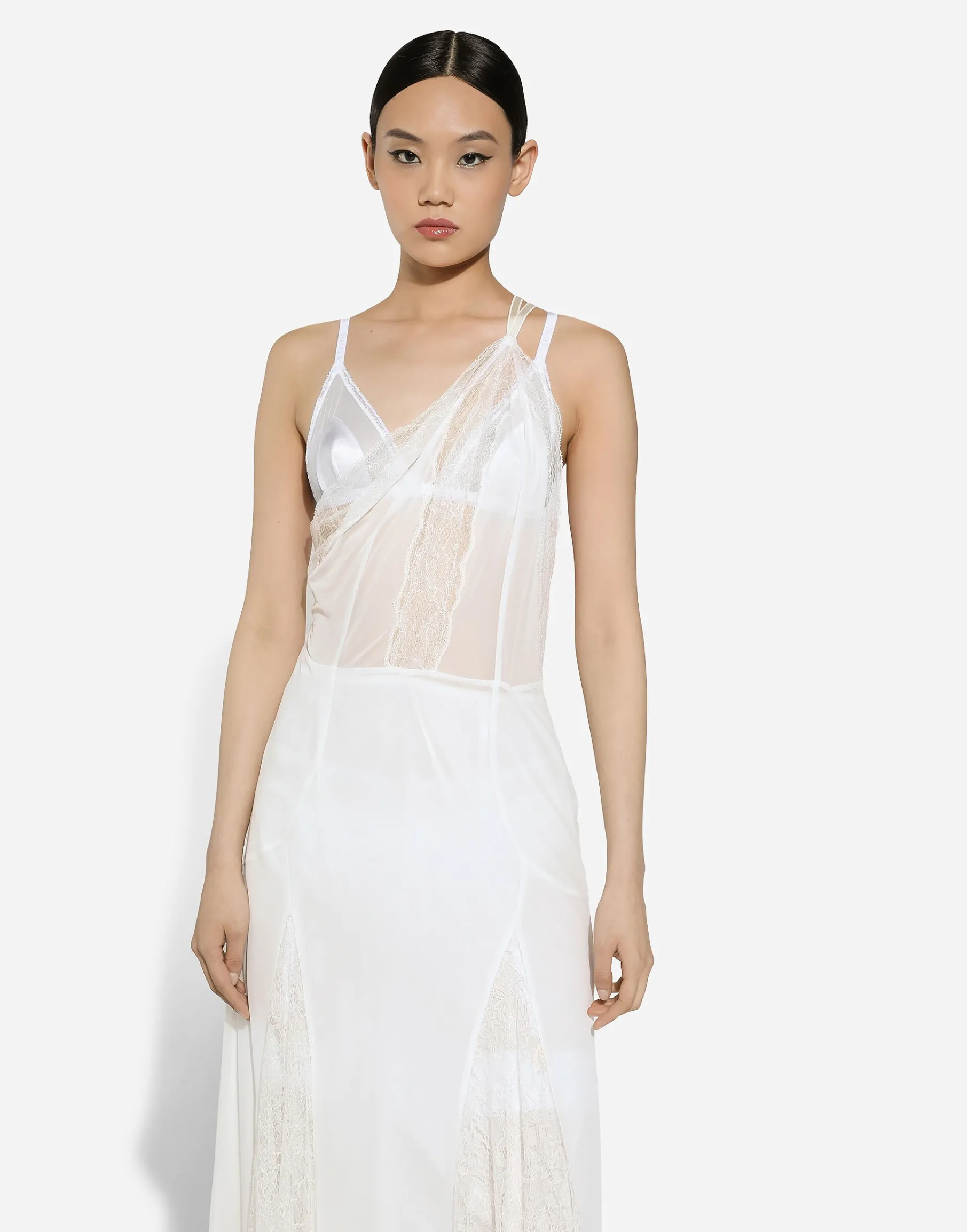 Organzine and lace calf-length dress with asymmetrical neckline
