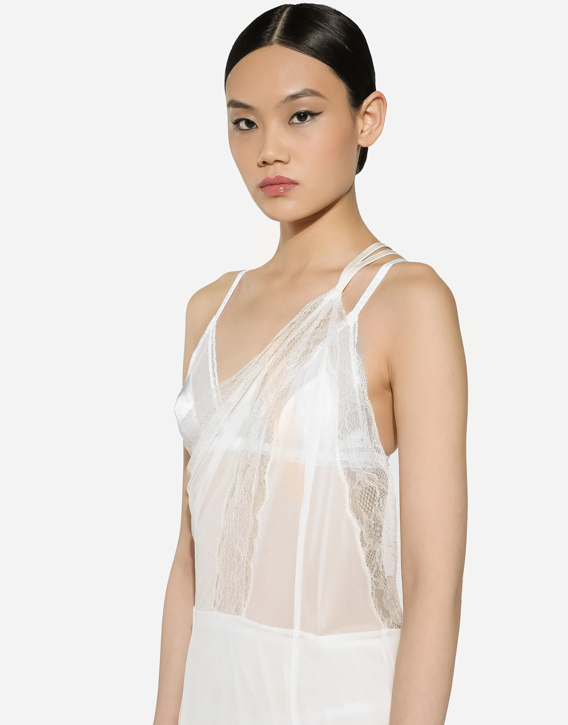 Organzine and lace calf-length dress with asymmetrical neckline