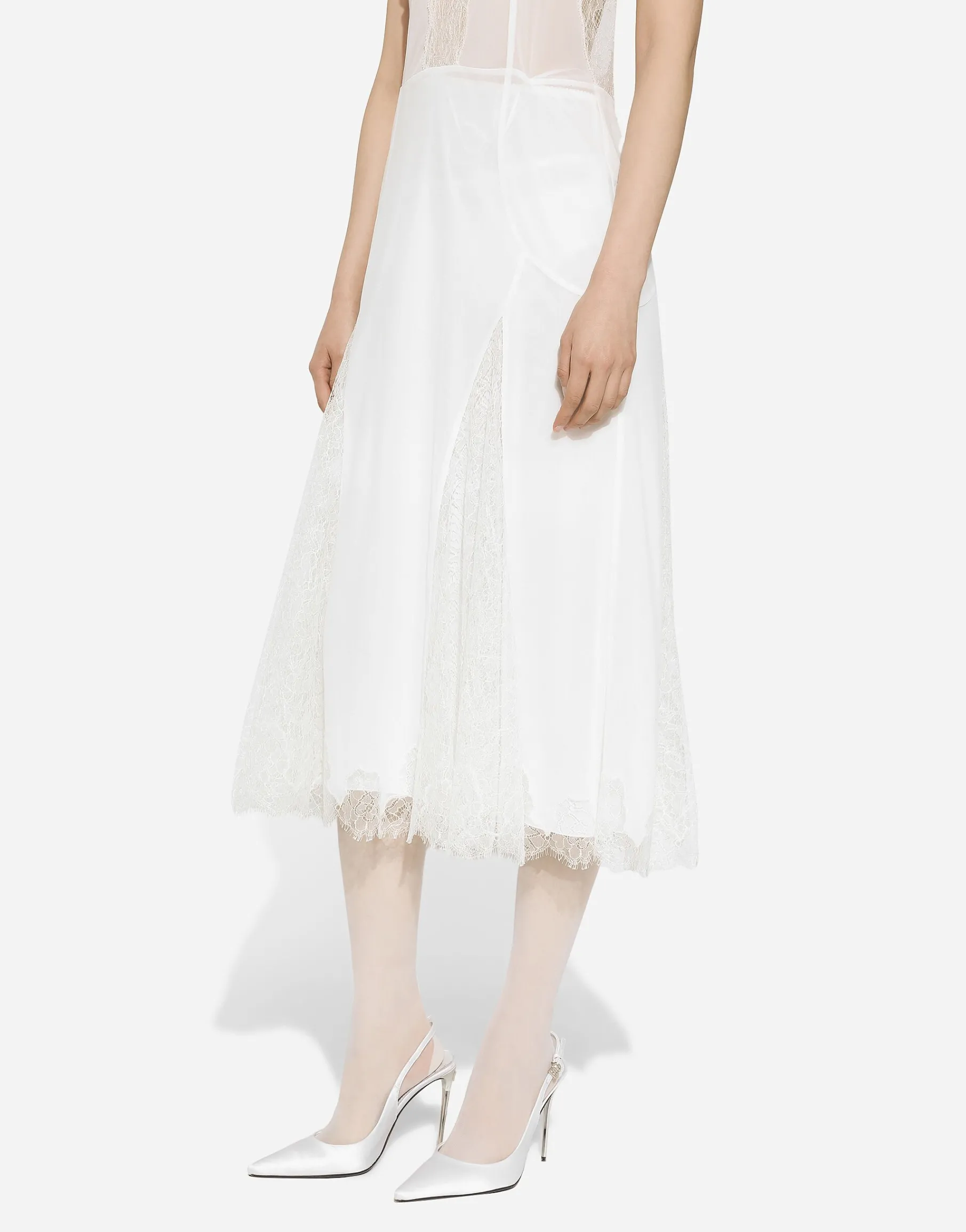 Organzine and lace calf-length dress with asymmetrical neckline