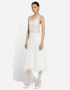 Organzine and lace calf-length dress with asymmetrical neckline