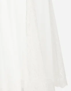 Organzine and lace calf-length dress with asymmetrical neckline