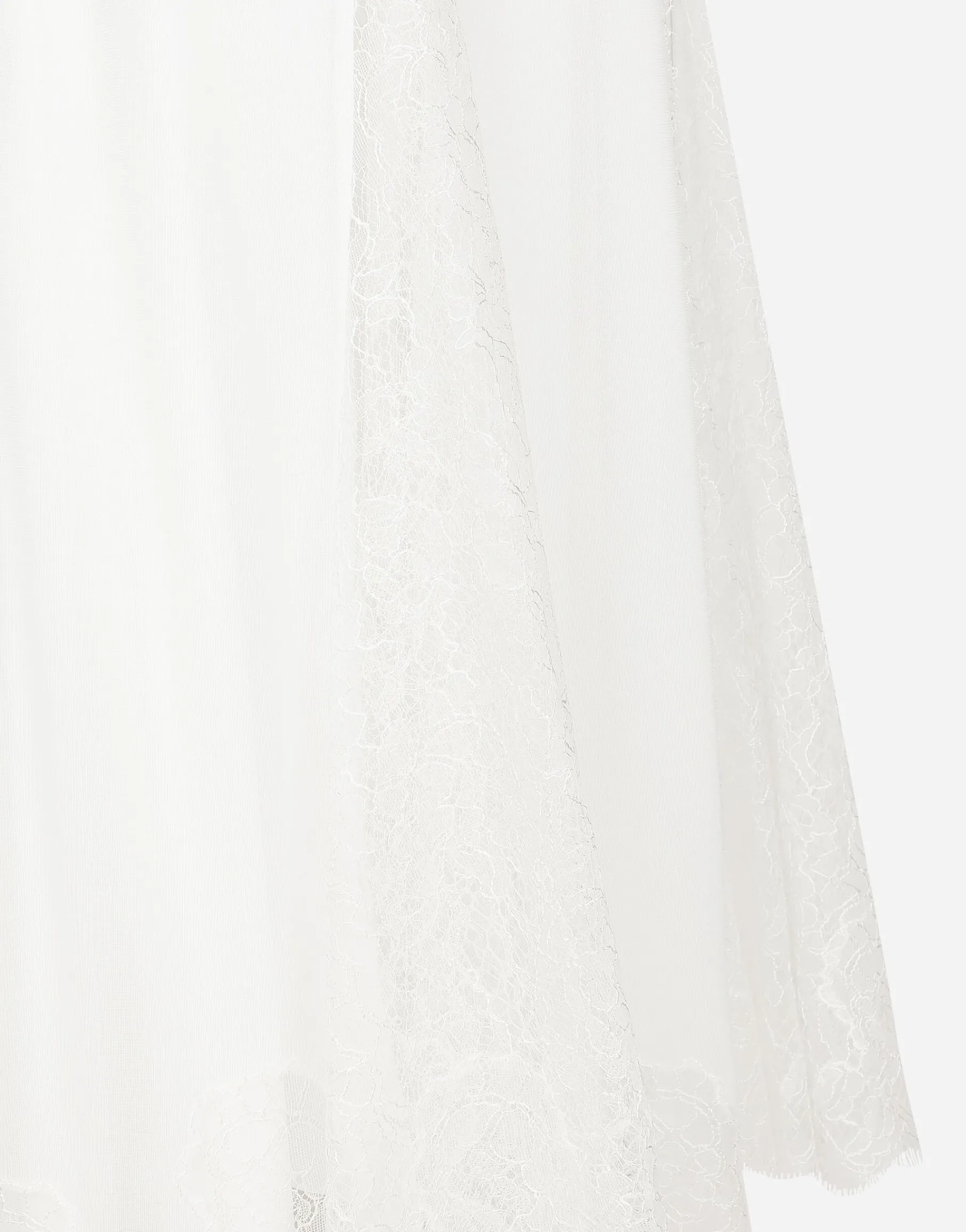 Organzine and lace calf-length dress with asymmetrical neckline