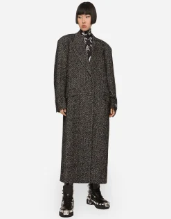 Oversize herringbone coat with half-belt