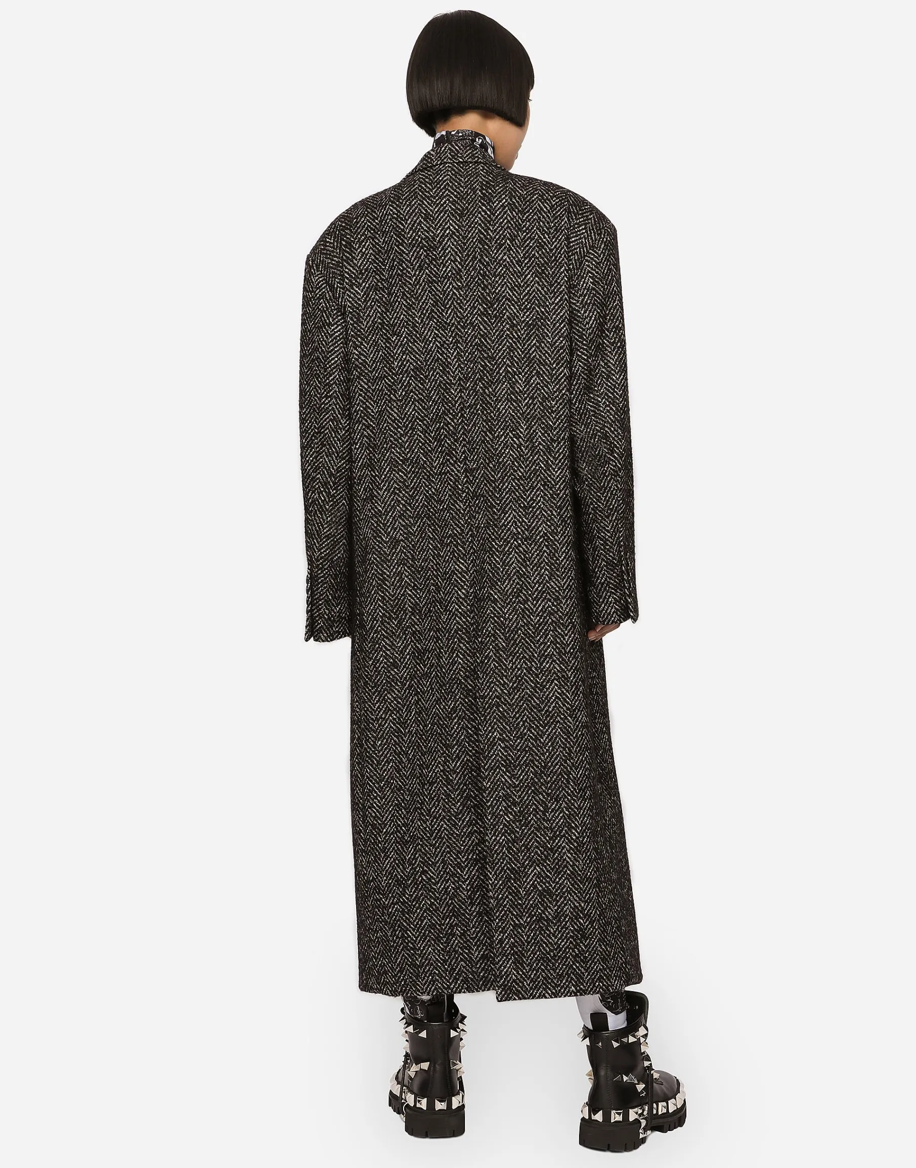 Oversize herringbone coat with half-belt