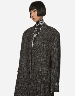 Oversize herringbone coat with half-belt
