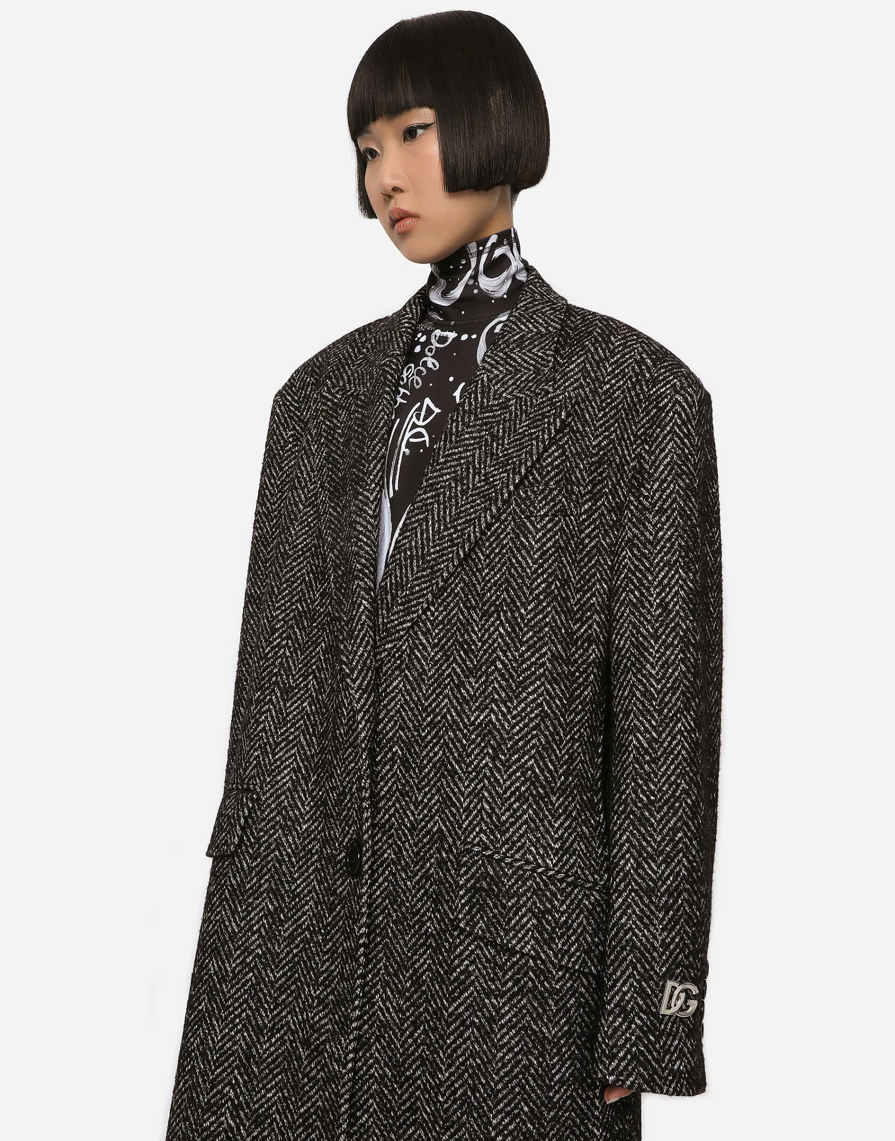 Oversize herringbone coat with half-belt