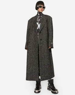 Oversize herringbone coat with half-belt