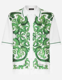 Oversize silk and yarn shirt with majolica print