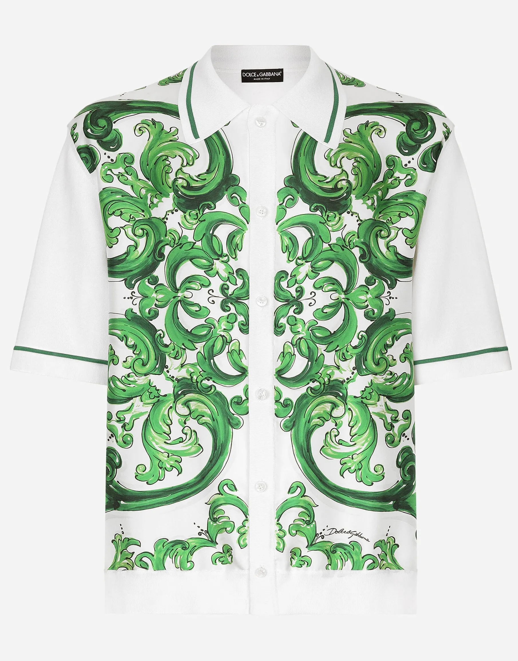 Oversize silk and yarn shirt with majolica print