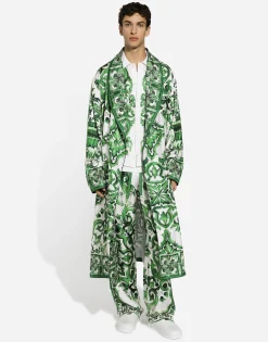 Oversize silk and yarn shirt with majolica print