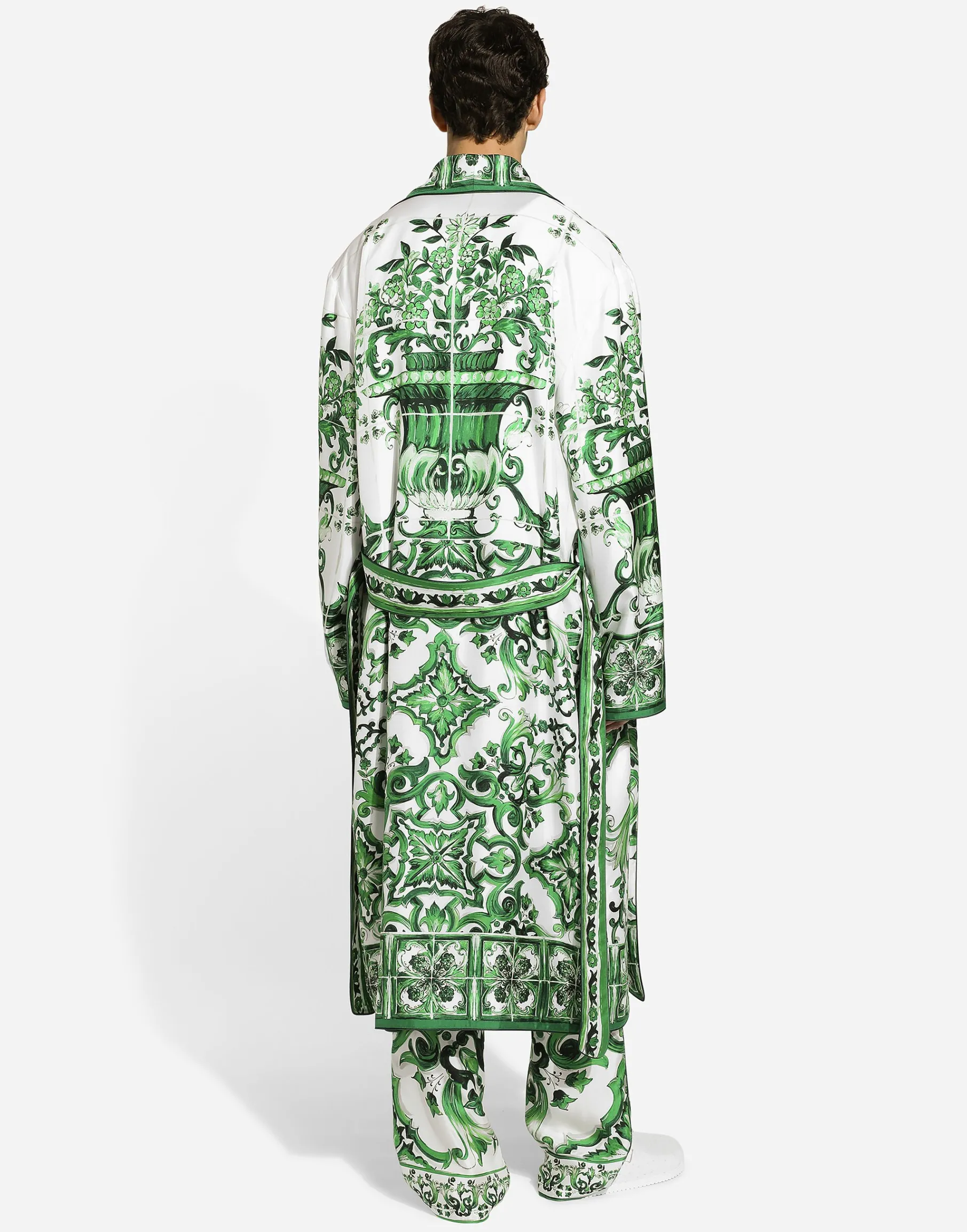 Oversize silk and yarn shirt with majolica print
