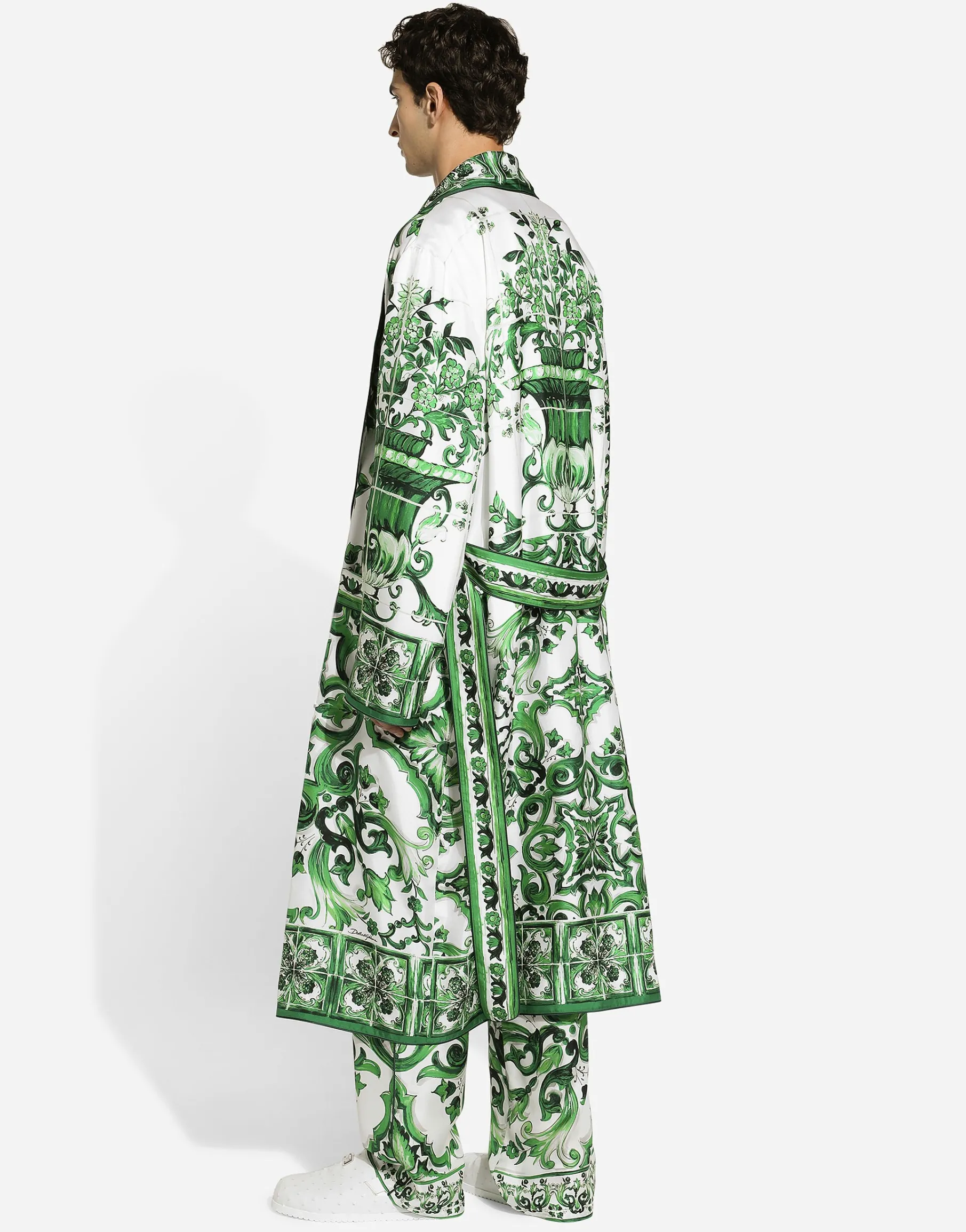Oversize silk and yarn shirt with majolica print