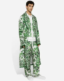 Oversize silk and yarn shirt with majolica print