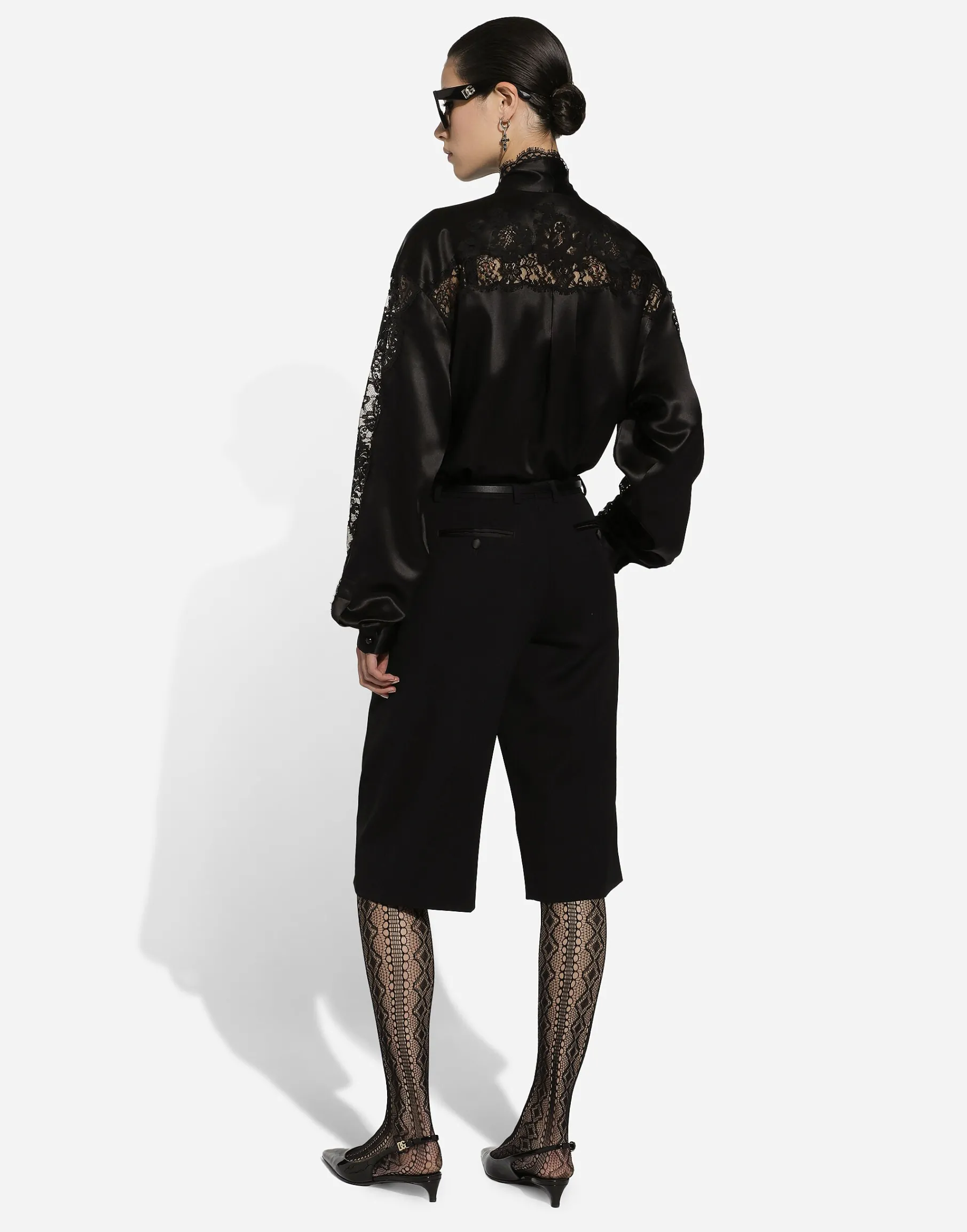 Oversize silk satin and lace shirt