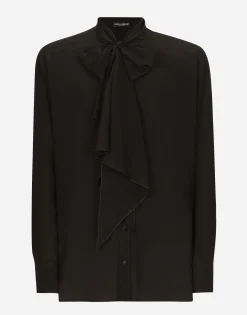 Oversize silk shirt with pussy-bow