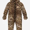 Padded quilted nylon snowsuit with leopard print