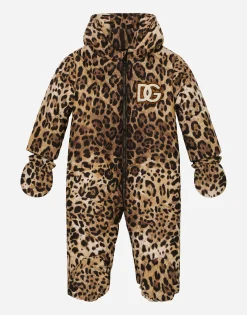 Padded quilted nylon snowsuit with leopard print