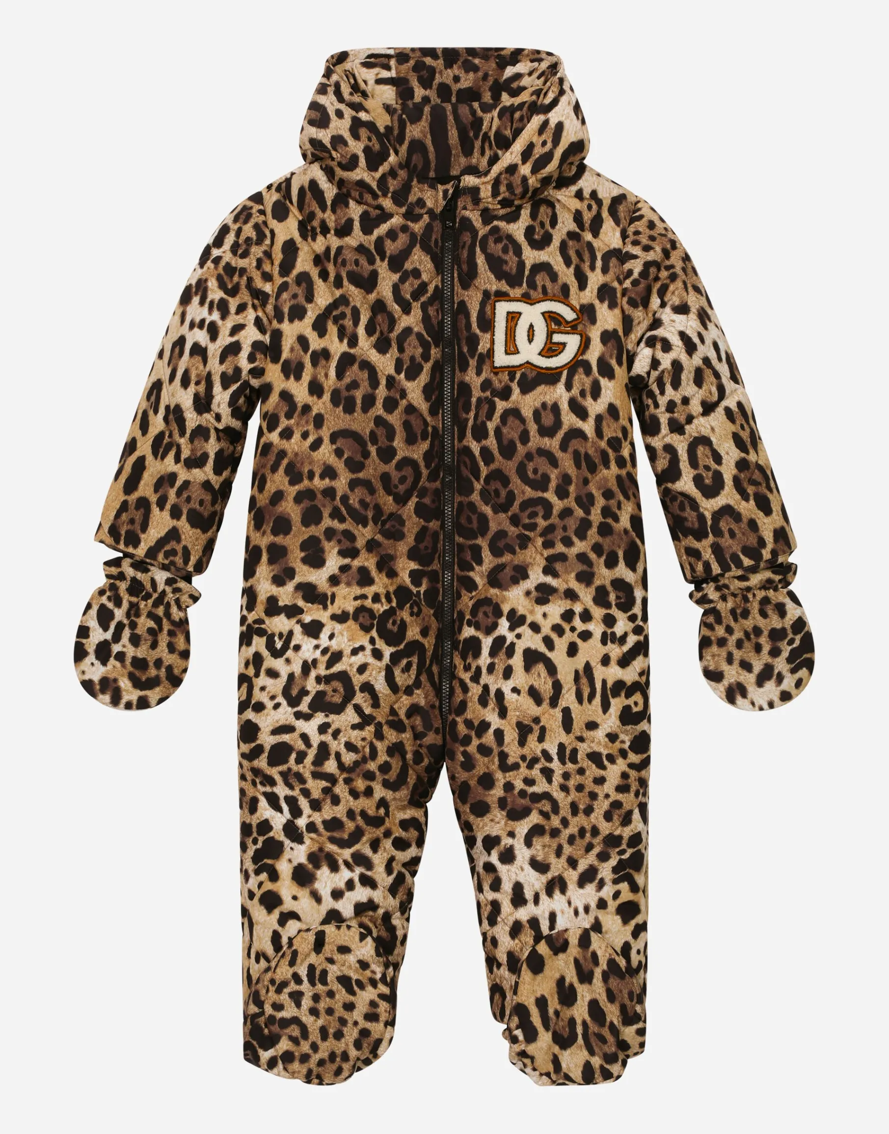 Padded quilted nylon snowsuit with leopard print