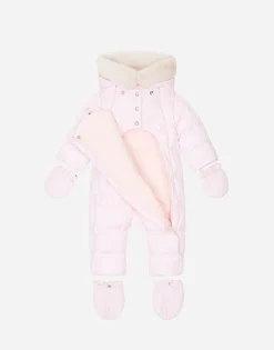 Padded quilted nylon snowsuit with all-over logo print