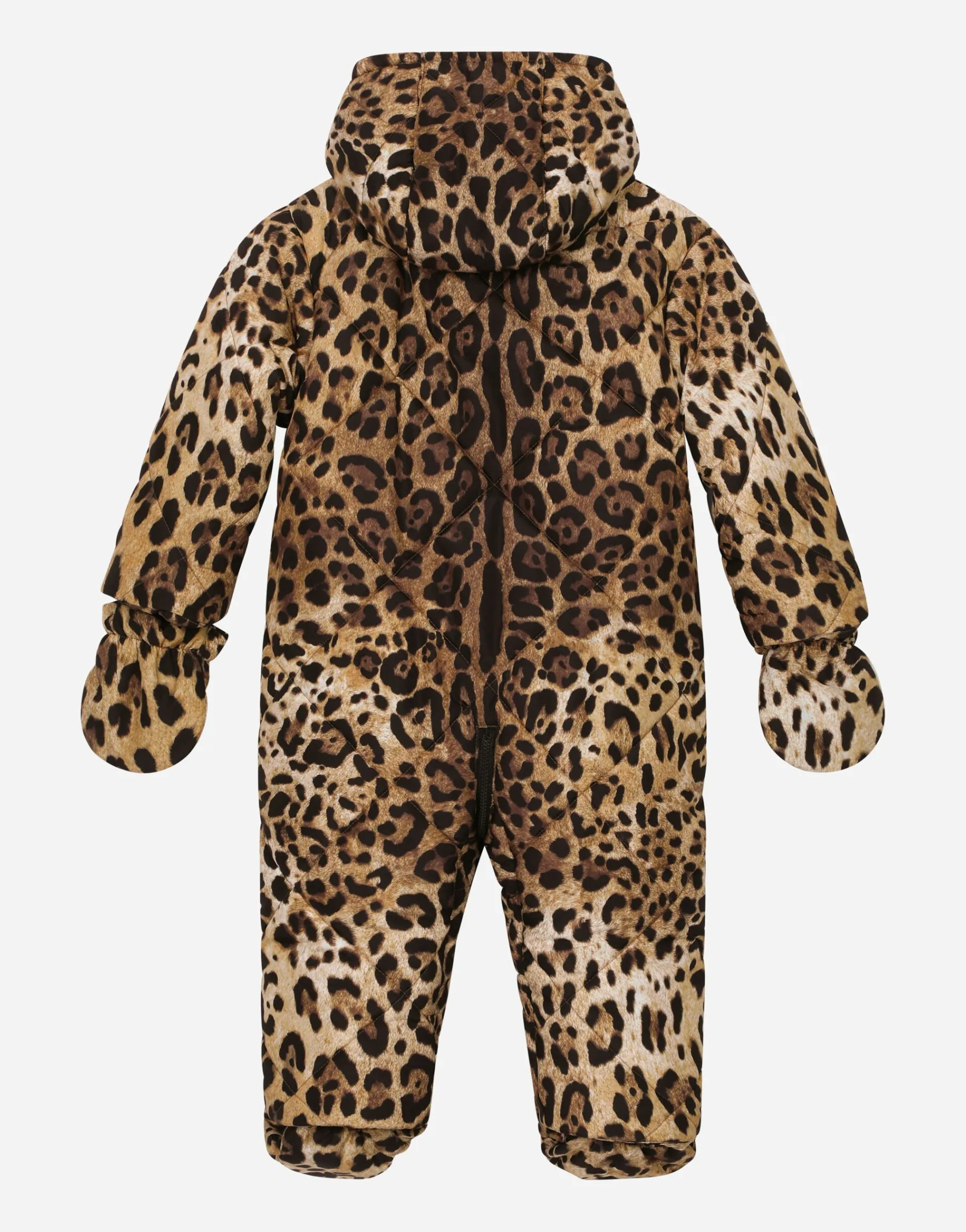 Padded quilted nylon snowsuit with leopard print