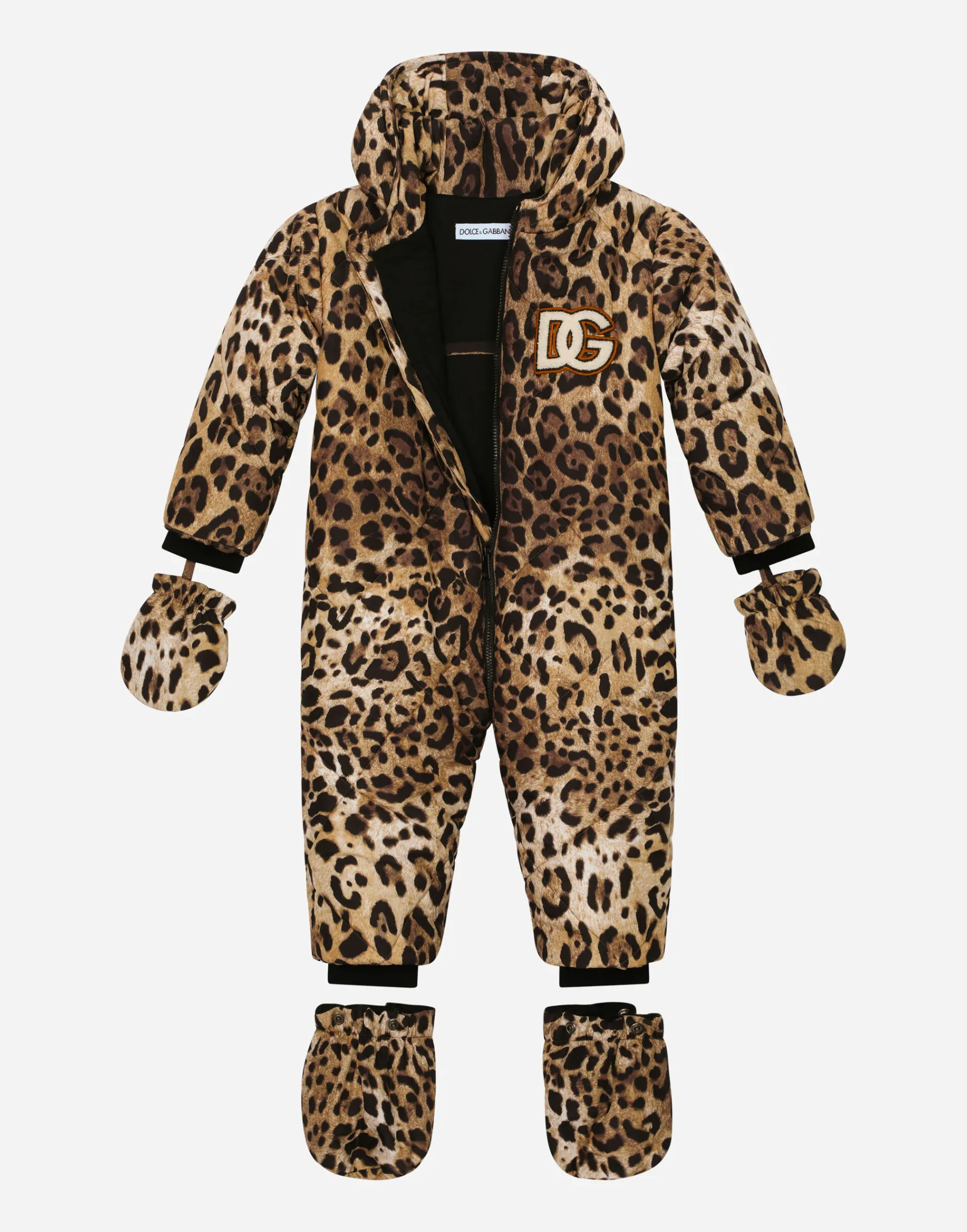 Padded quilted nylon snowsuit with leopard print