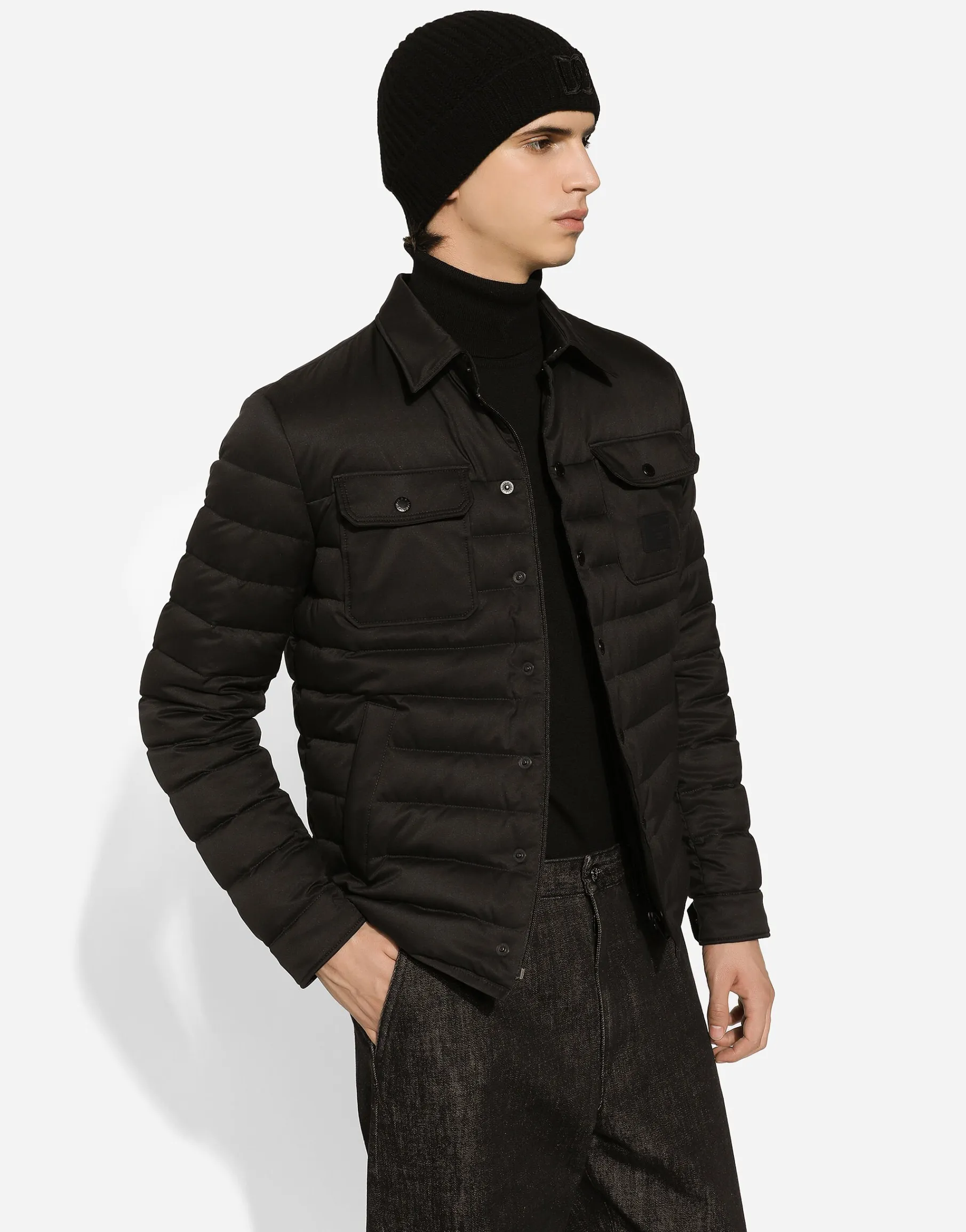 Padded satin jacket with shirt collar