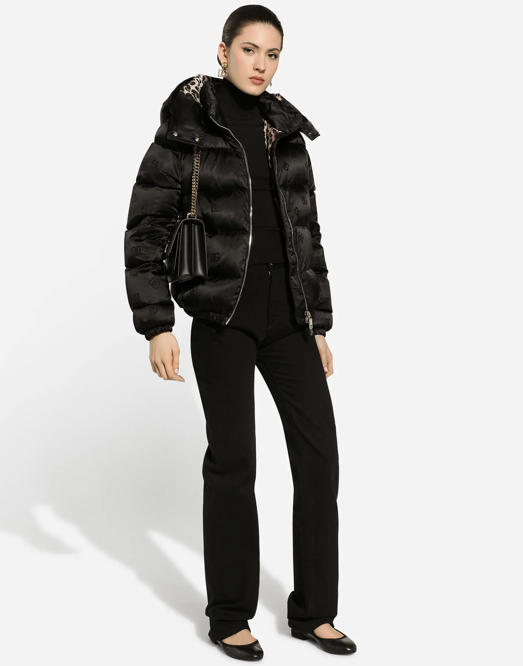 Padded satin jacquard down jacket with all-over DG logo
