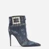 Patchwork denim ankle boots with rhinestone buckle
