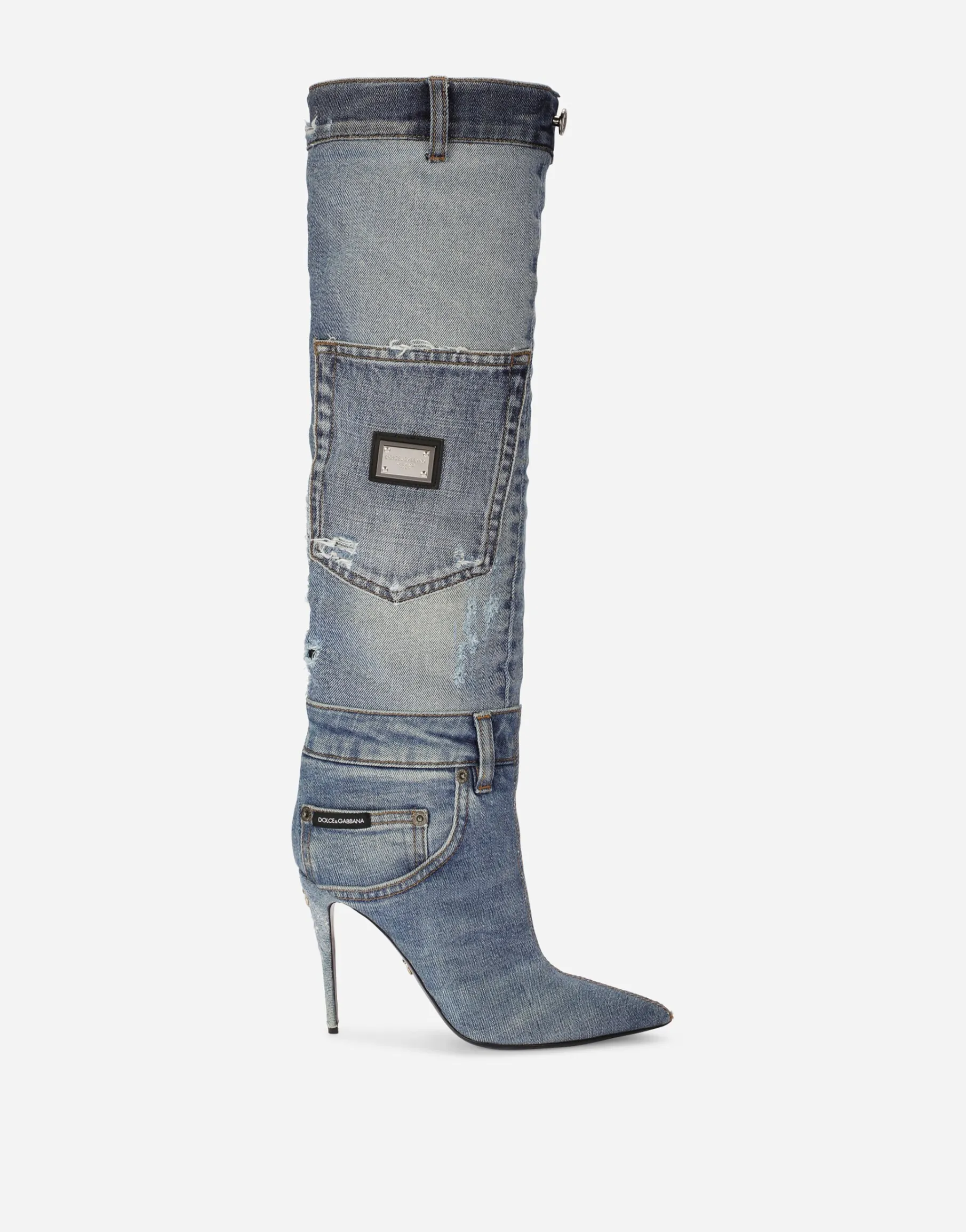 Patchwork denim boots