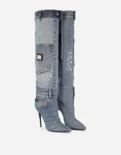 Patchwork denim boots