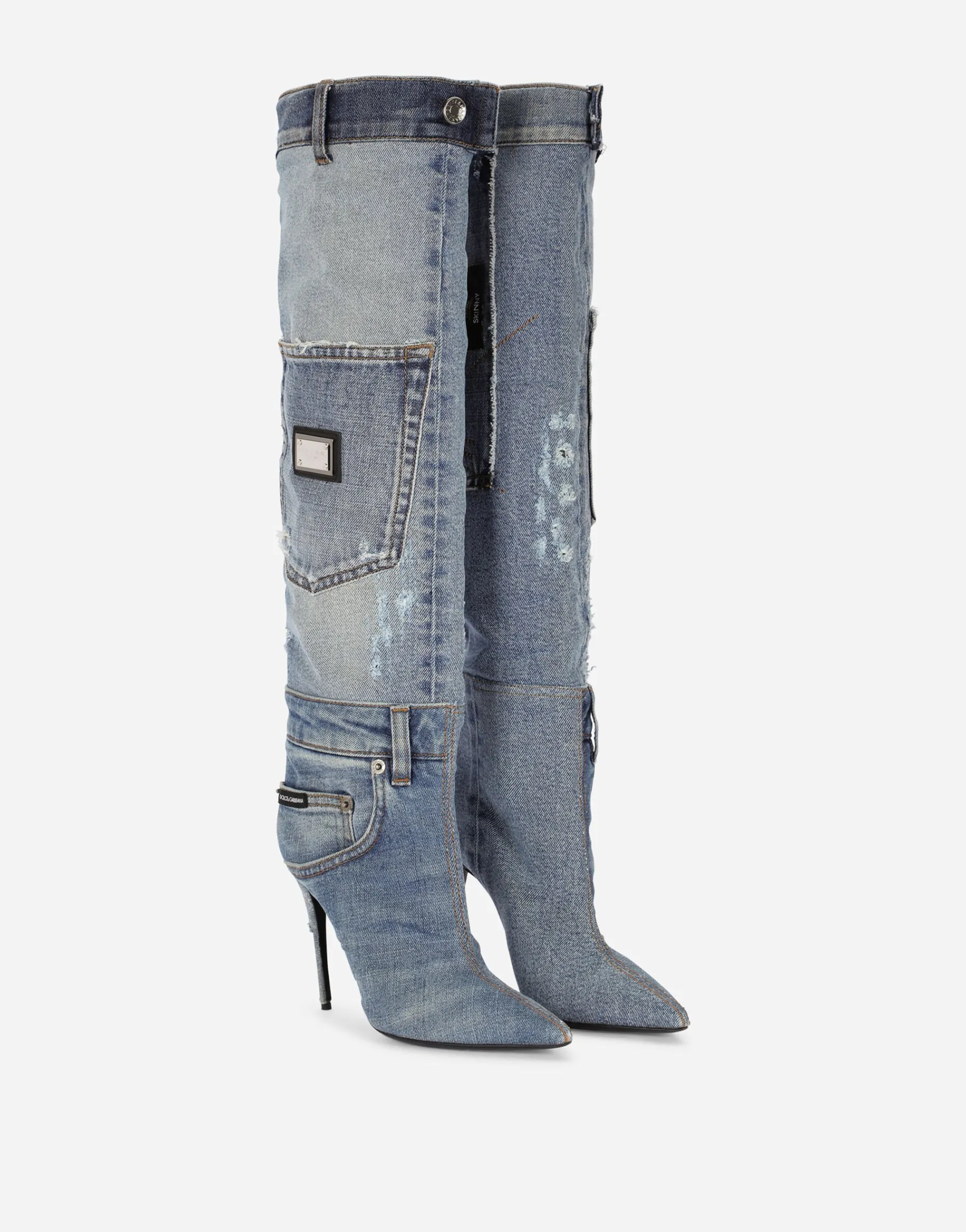 Patchwork denim boots