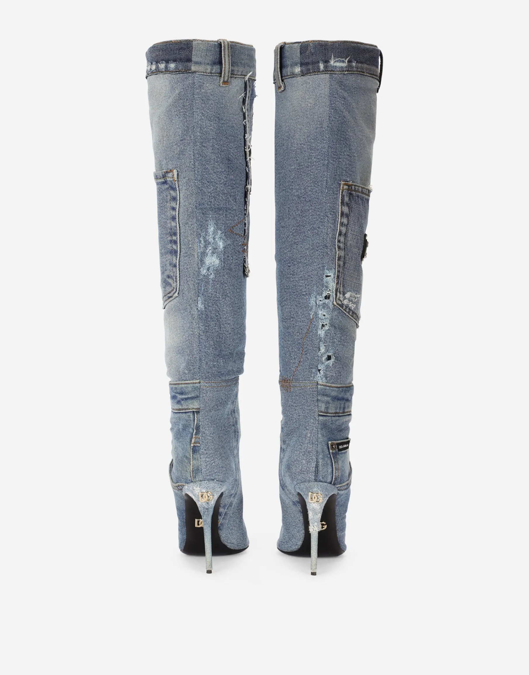 Patchwork denim boots