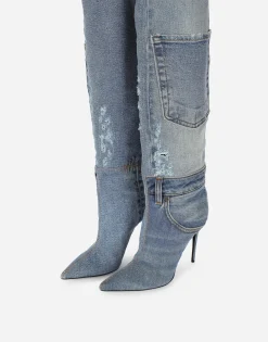 Patchwork denim boots