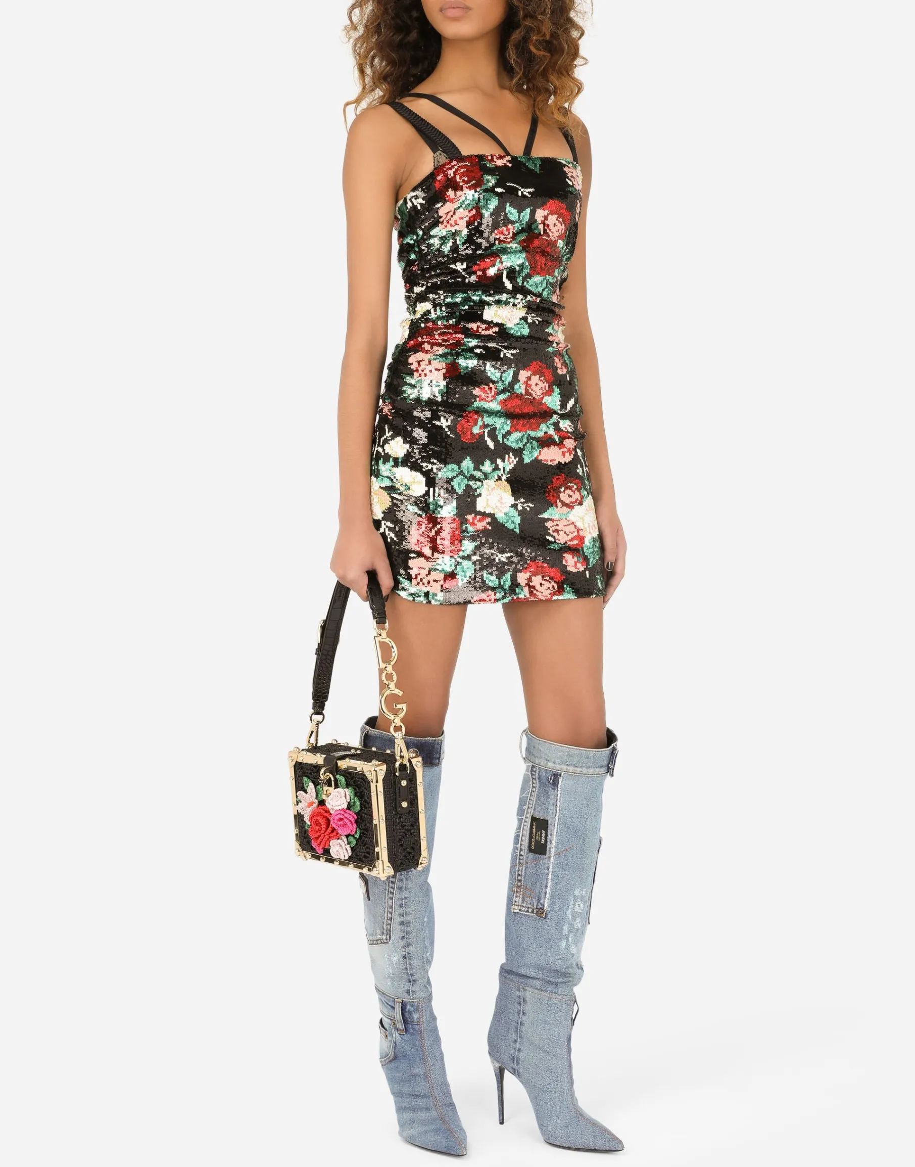 Patchwork denim boots