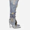 Patchwork denim boots with embroidery