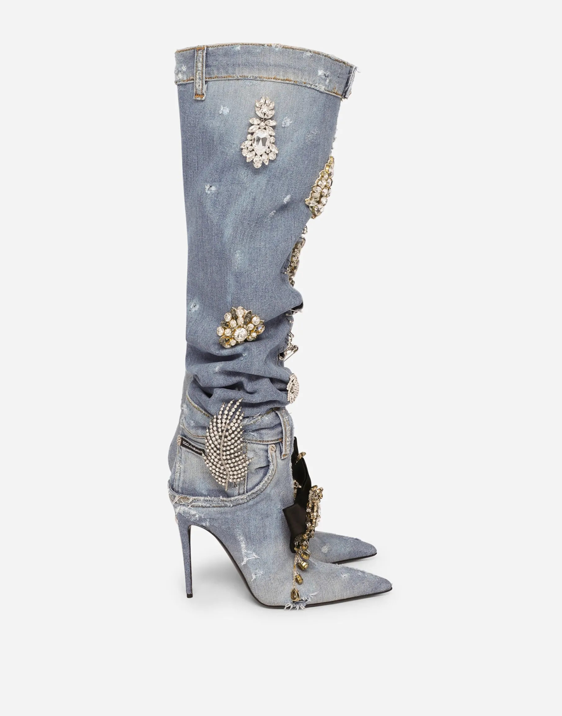 Patchwork denim boots with embroidery