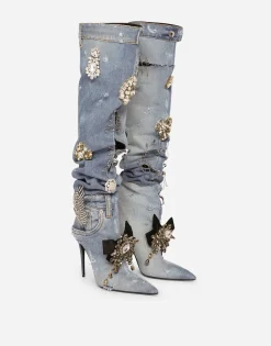 Patchwork denim boots with embroidery