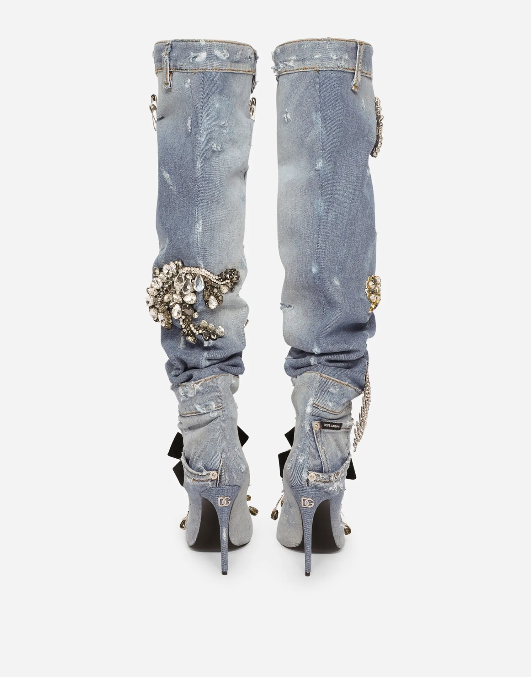 Patchwork denim boots with embroidery