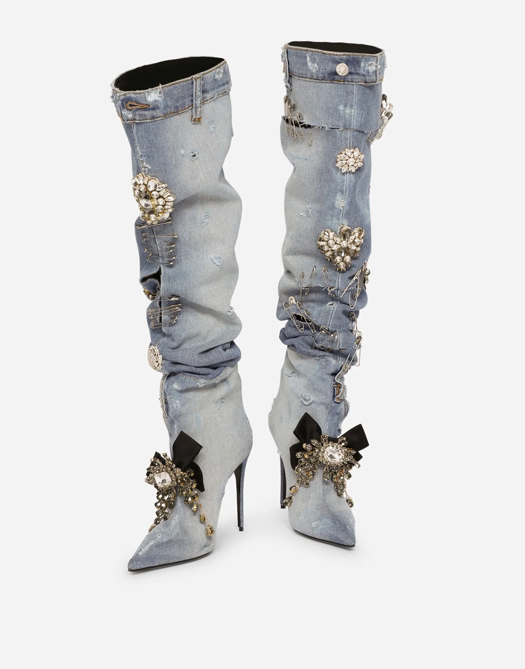 Patchwork denim boots with embroidery