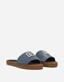 Patchwork denim espadrille sliders