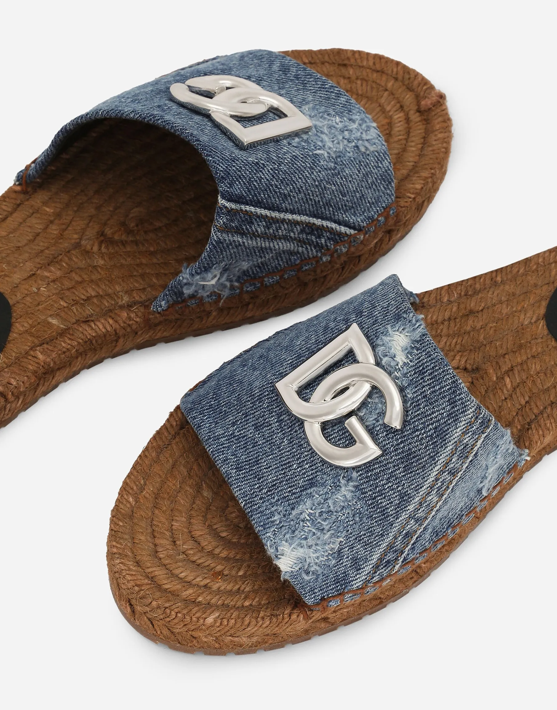 Patchwork denim espadrille sliders