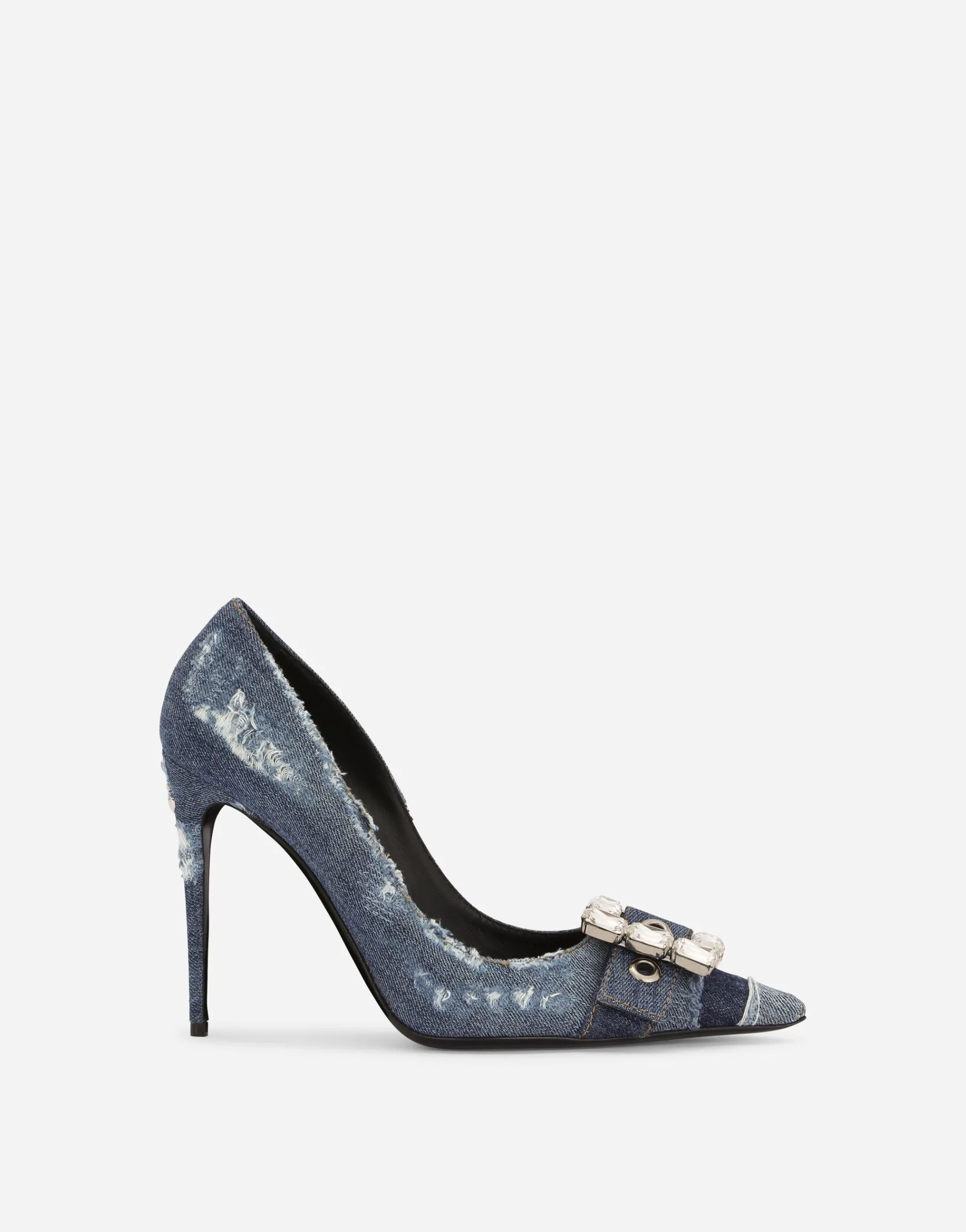 Patchwork denim pumps with rhinestone buckle