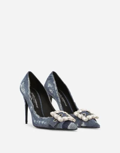 Patchwork denim pumps with rhinestone buckle