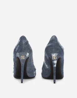 Patchwork denim pumps with rhinestone buckle