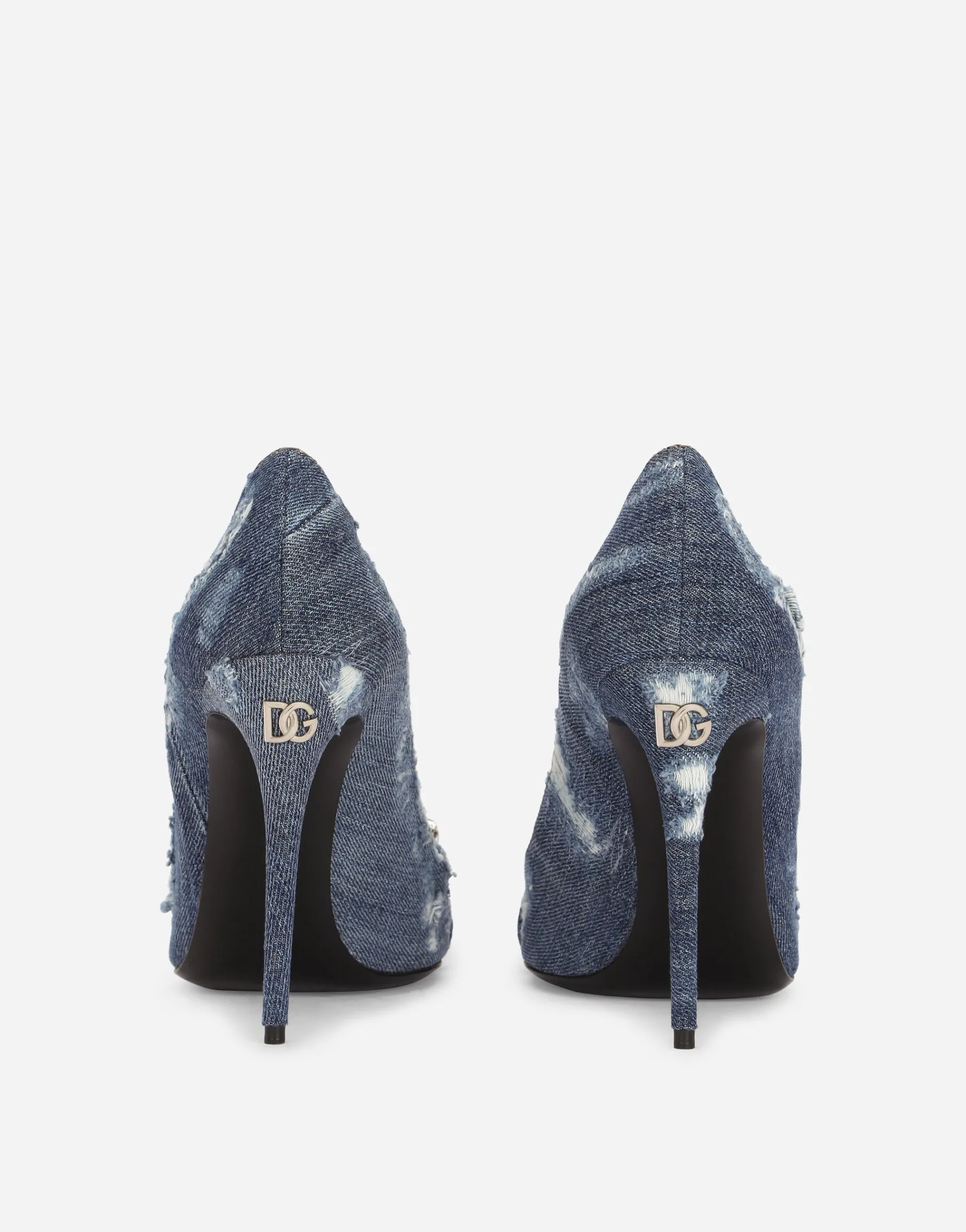 Patchwork denim pumps with rhinestone buckle